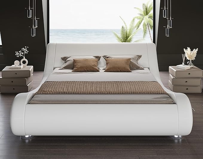 SHA CERLIN King Size Upholstered Bed Frame, Deluxe Low Profile Sleigh Bed