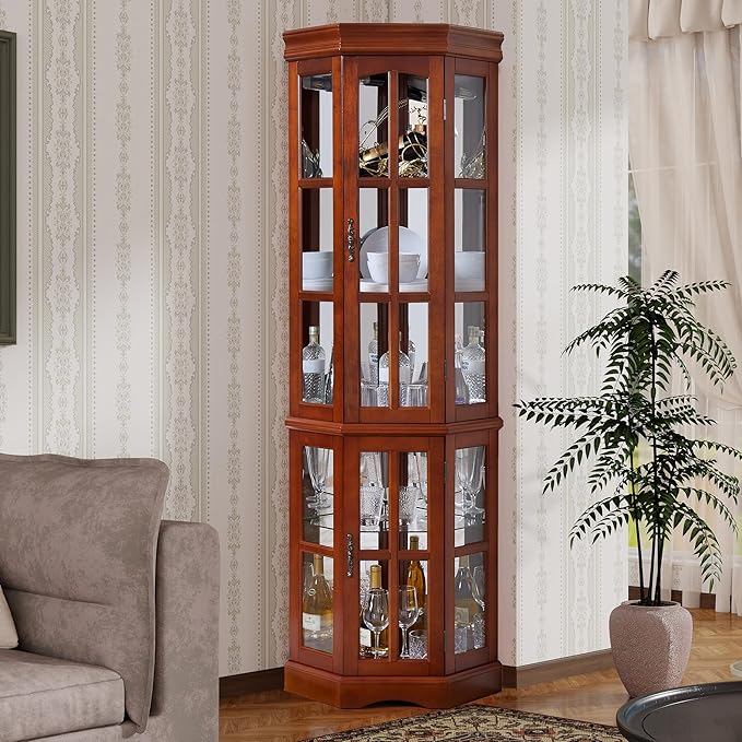 Corner Curio Cabinet with Lighting System, Adjustable Tempered Glass Shelves
