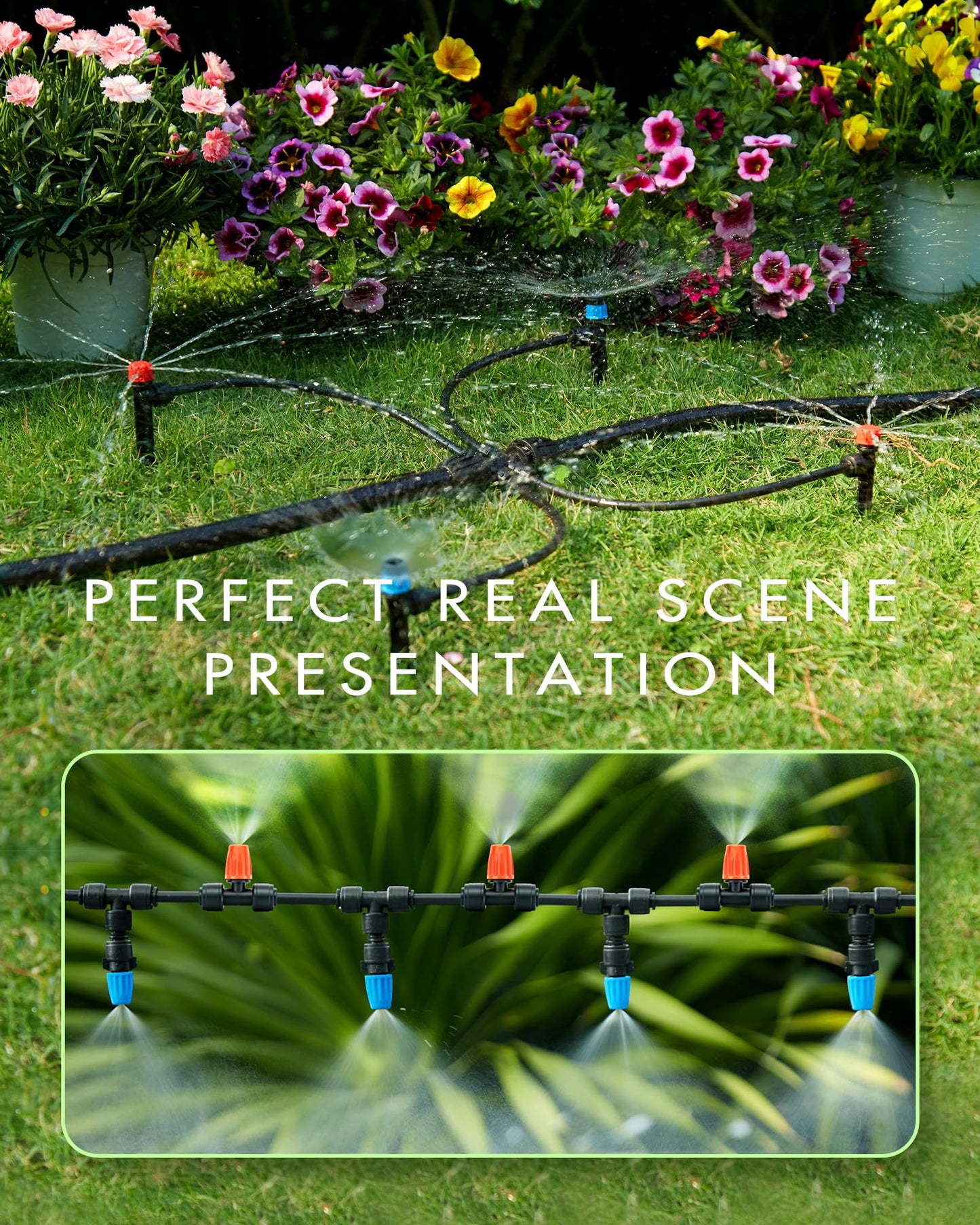300FT Drip Irrigation System Kits - Automatic Garden Watering Sprinkler with 1/2 & 1/4 inch Tubing Hose Patio Misting Plant Irrigation Water Equipment Quick Connector for Greenhouse Flower Beds Lawn
