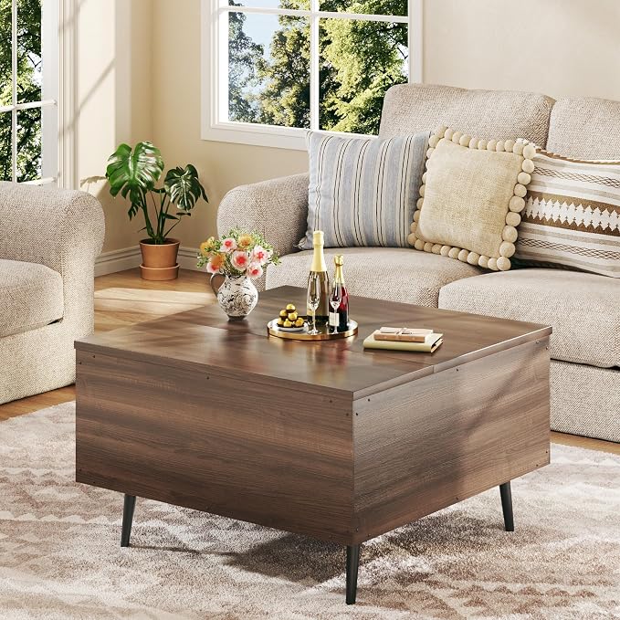 HUAHUU Lift Top Coffee Table, 31.5" Square Coffee Tables with Storage, Coffee Tables with Large Hidden Compartment, Center Table with Lifting Tabletop, Coffee Table for Living Room, Walnut