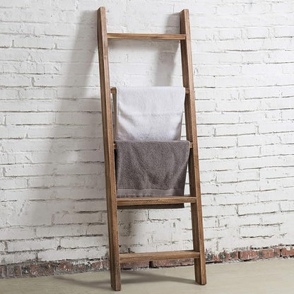 MyGift 4ft Tall Rustic Burnt Natural Wood Wall Leaning Blanket Ladder Shelf with 5 Rungs, Decorative Living Room Throw and Quilt Holder, Farmhouse Bedroom Decor