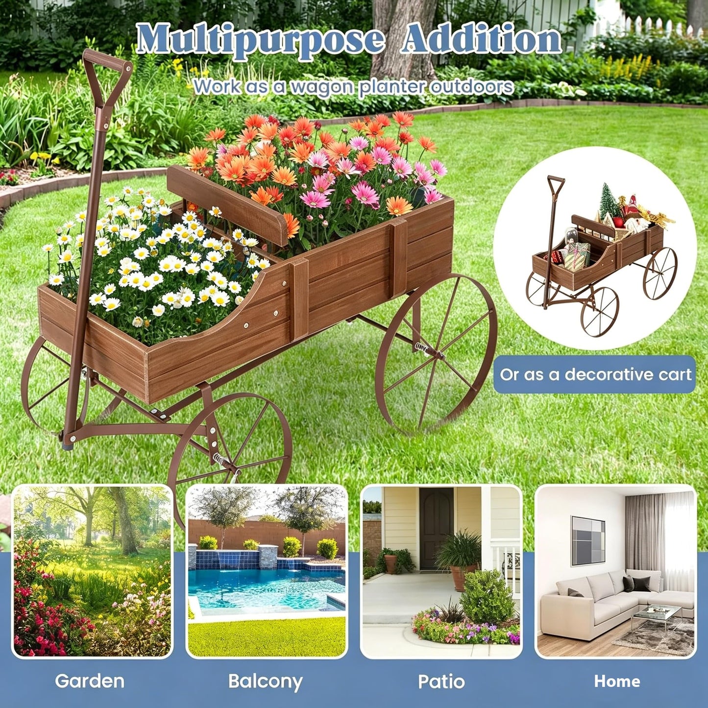 DORTALA Wood Wagon Planter, Outdoor Garden Flower Planter Cart with Wheels, Small Decorative Wood Raised Bed Plant Pot Box Stand for Backyard, Patio, Balcony, Natural
