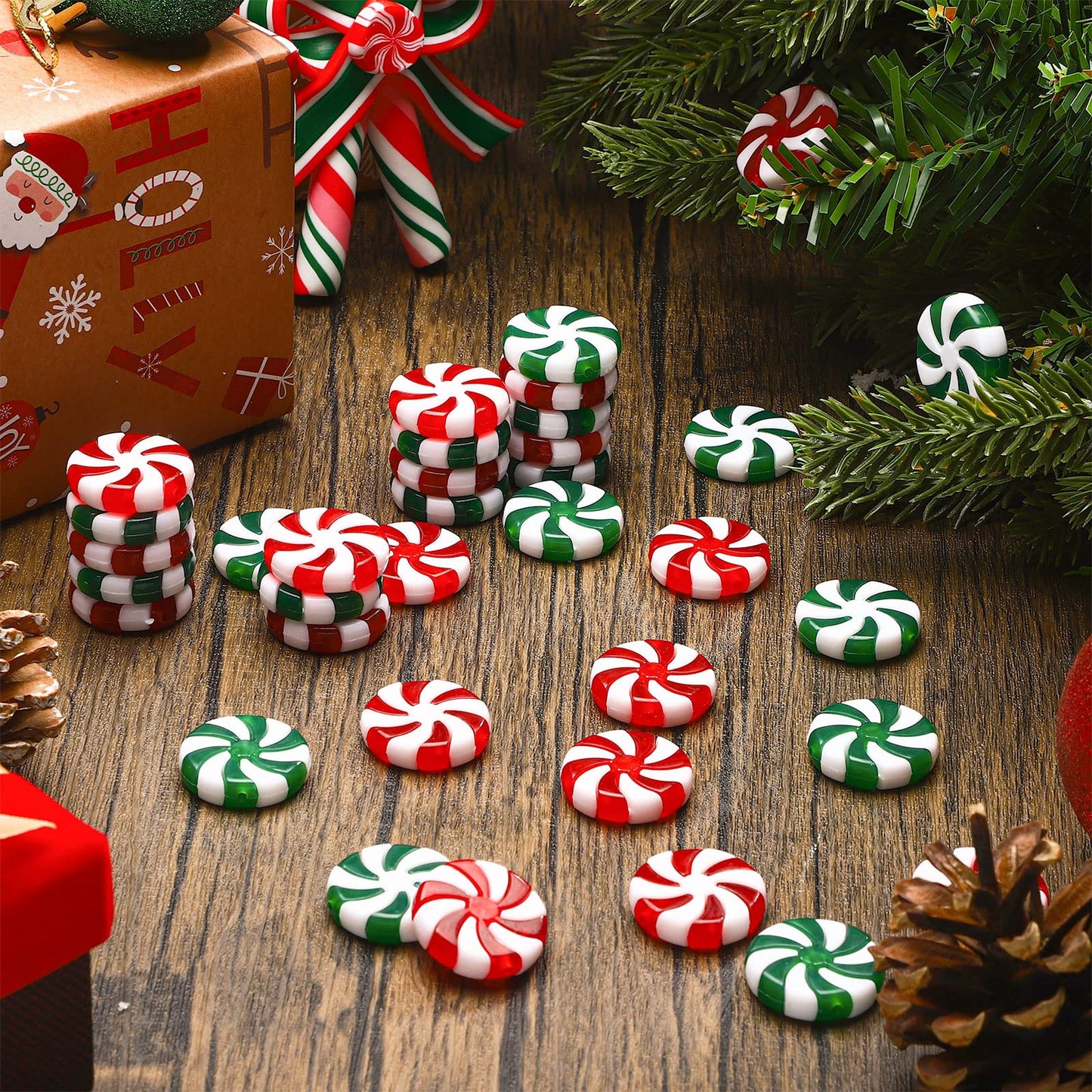 200 Pcs 25 mm Fake Christmas Candy Cane Peppermint Ornaments for Christmas Tree Decorations Xmas Candy Decor Ornaments Craft for DIY Crafts (Red White,Green White)
