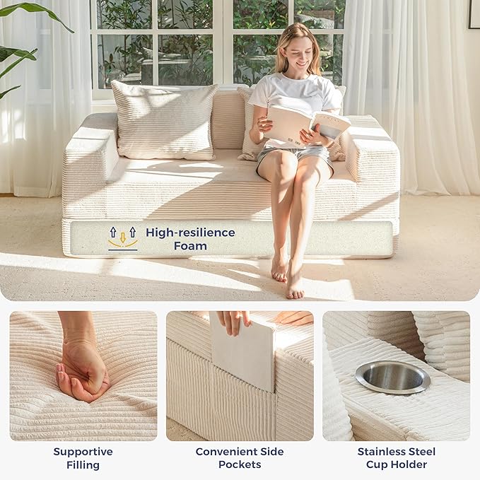 MAXYOYO Loveseat Sofa Bed, 4 in 1 Convertible Boneless Couch Folding Recliner