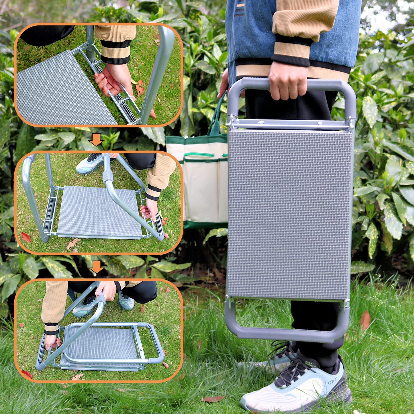 BDL Garden Kneeler Seat Foldable Durable Garden Stool with Tool Bag Pouch and Garden Gloves 330lb Capacity-Protects Your Knees, Clothes from Dirt & Grass Stains