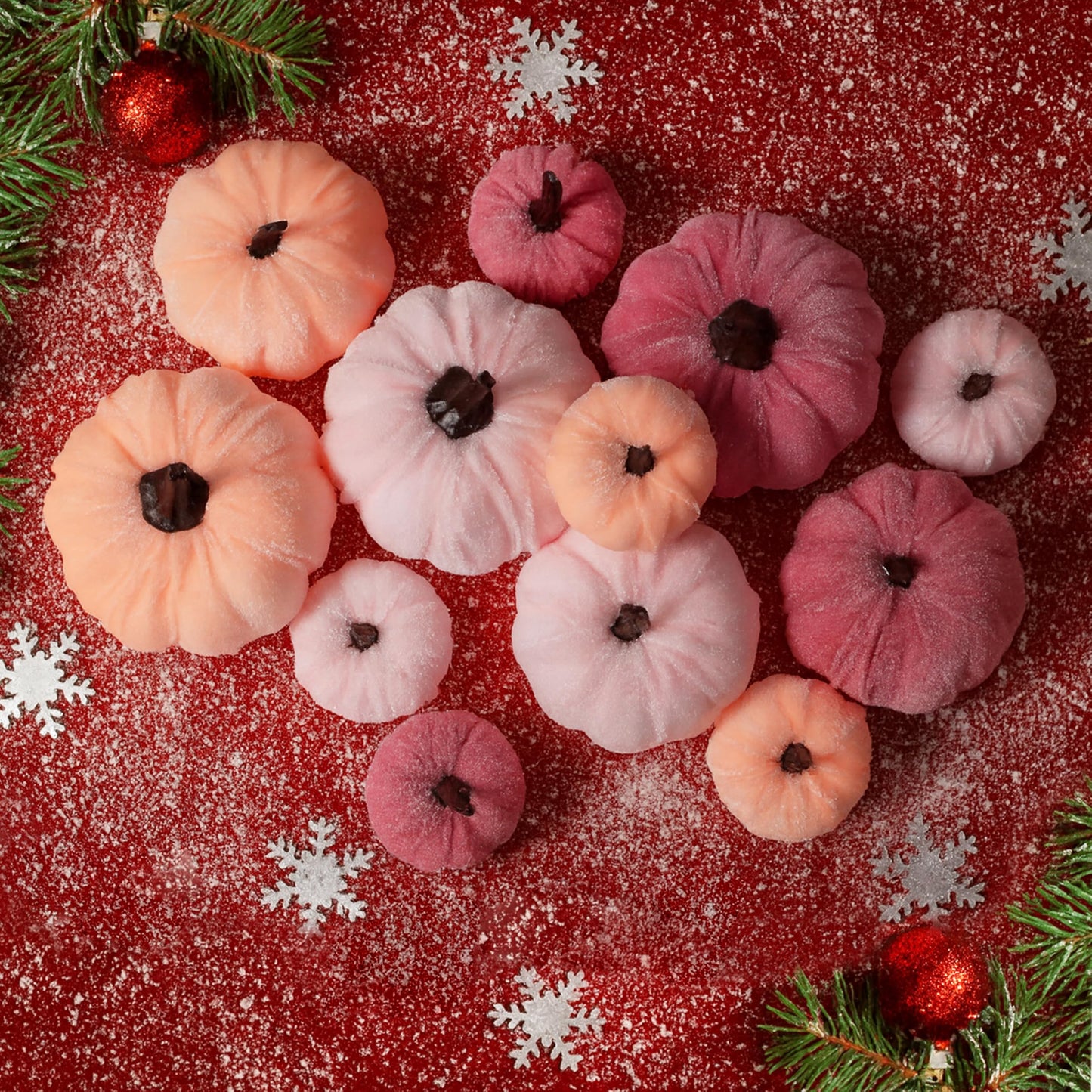 FAFVBING 12 Faux Flocked Pumpkins, Perfect for Fall Harvest, Halloween, or Thanksgiving Table Centerpieces(12, Rose red, Purple, and Pink)
