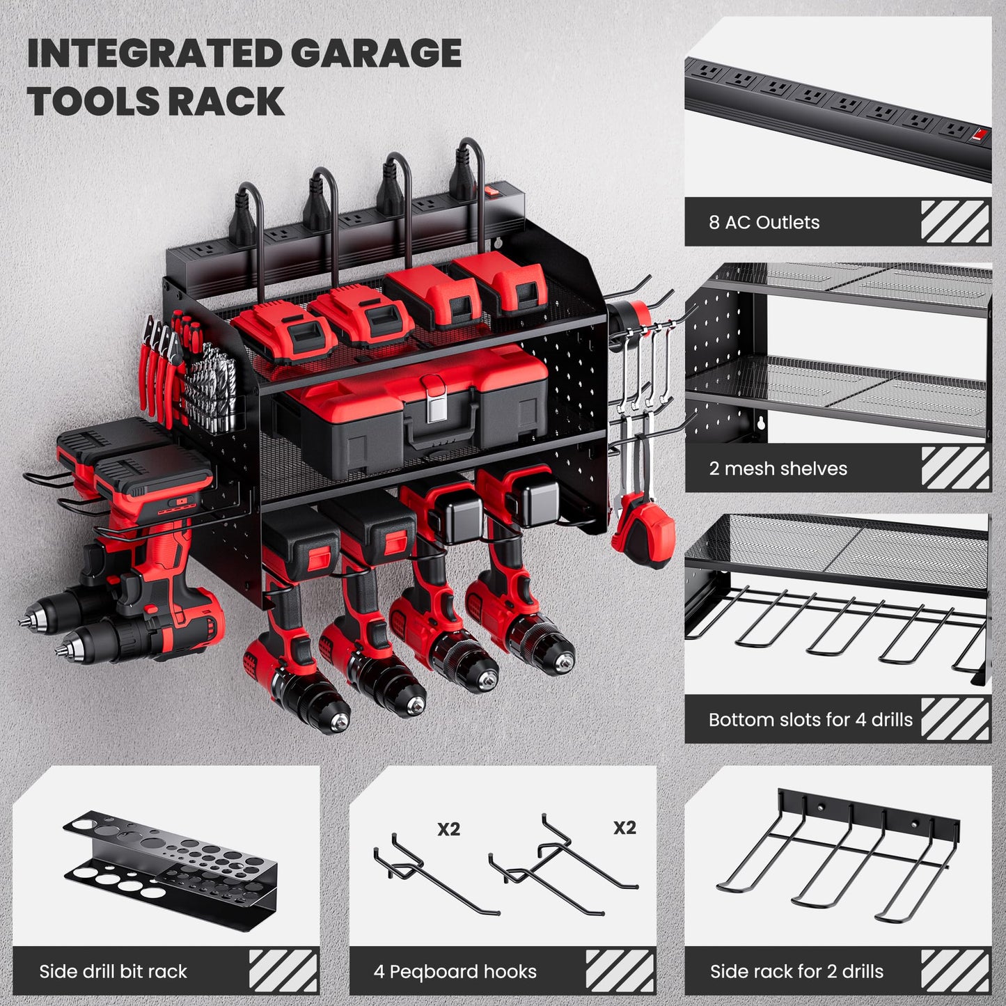 TRZZ Power Tool Organizer Wall Mount, 3-Layer Charging Station with 8 Outlets, 6 Drill Holders and Drill Bit Rack, Efficient and Organized Storage for Garage, Workbench, and Workshop (Black)