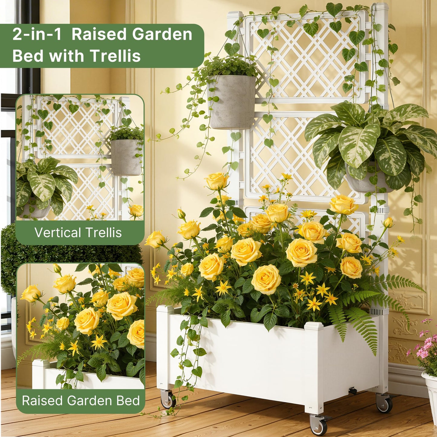 Miory 60" Raised Garden Bed with Trellis & Wheels, Vertical Gardening Planter Box with Water Level Indicator and Drainage System for Garden Outdoor Patio Balcony