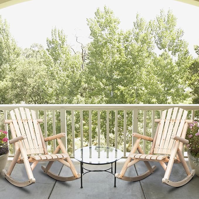Outvita Wooden Rocking Chair Set of 2, Fir Log Adirondack Rocker, Outdoor Wood