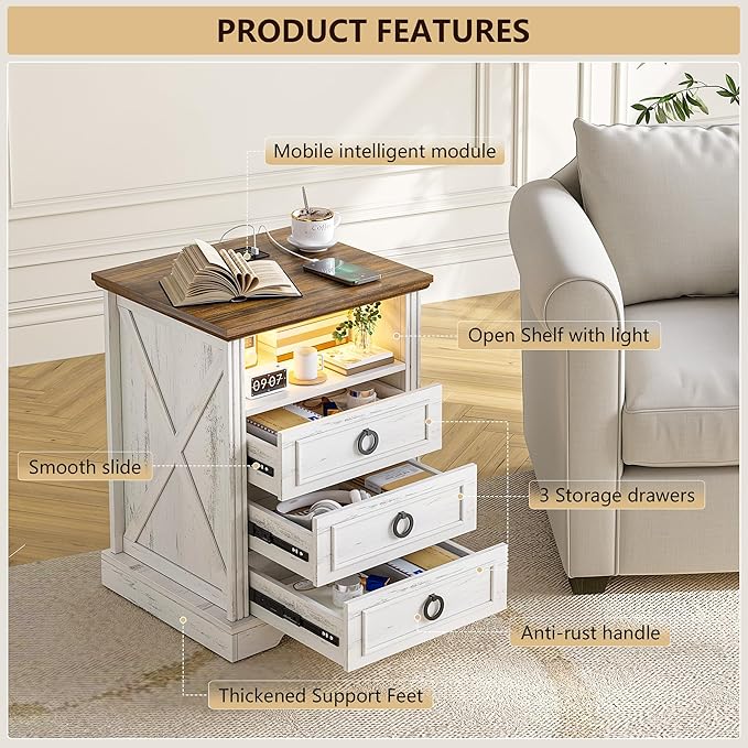 Nightstand with Charging Station, Farmhouse End Side Table with 3 Drawers and