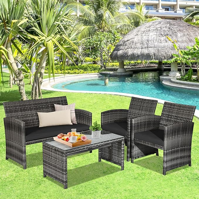 Goplus 4-Piece Rattan Patio Furniture Set, Outdoor Wicker Conversation Sofa