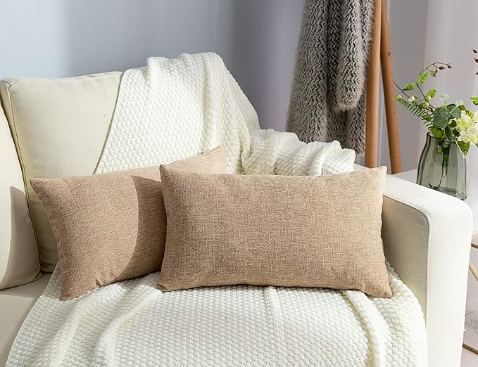 Stellhome Rectangle Farmhouse Burlap Throw Pillow Covers Solid Linen Pillowcase