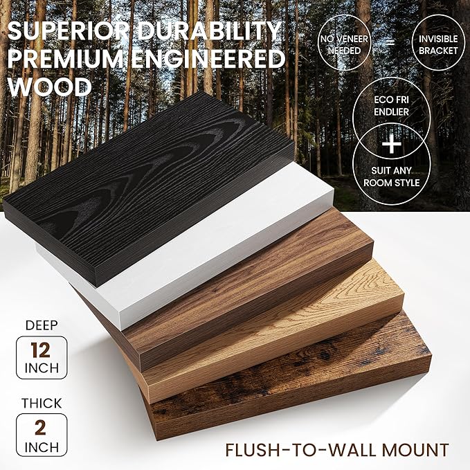 Fun Memories 12 Inch Deep Floating Shelf, 24 x 12 Rustic Wood Wall Shelf