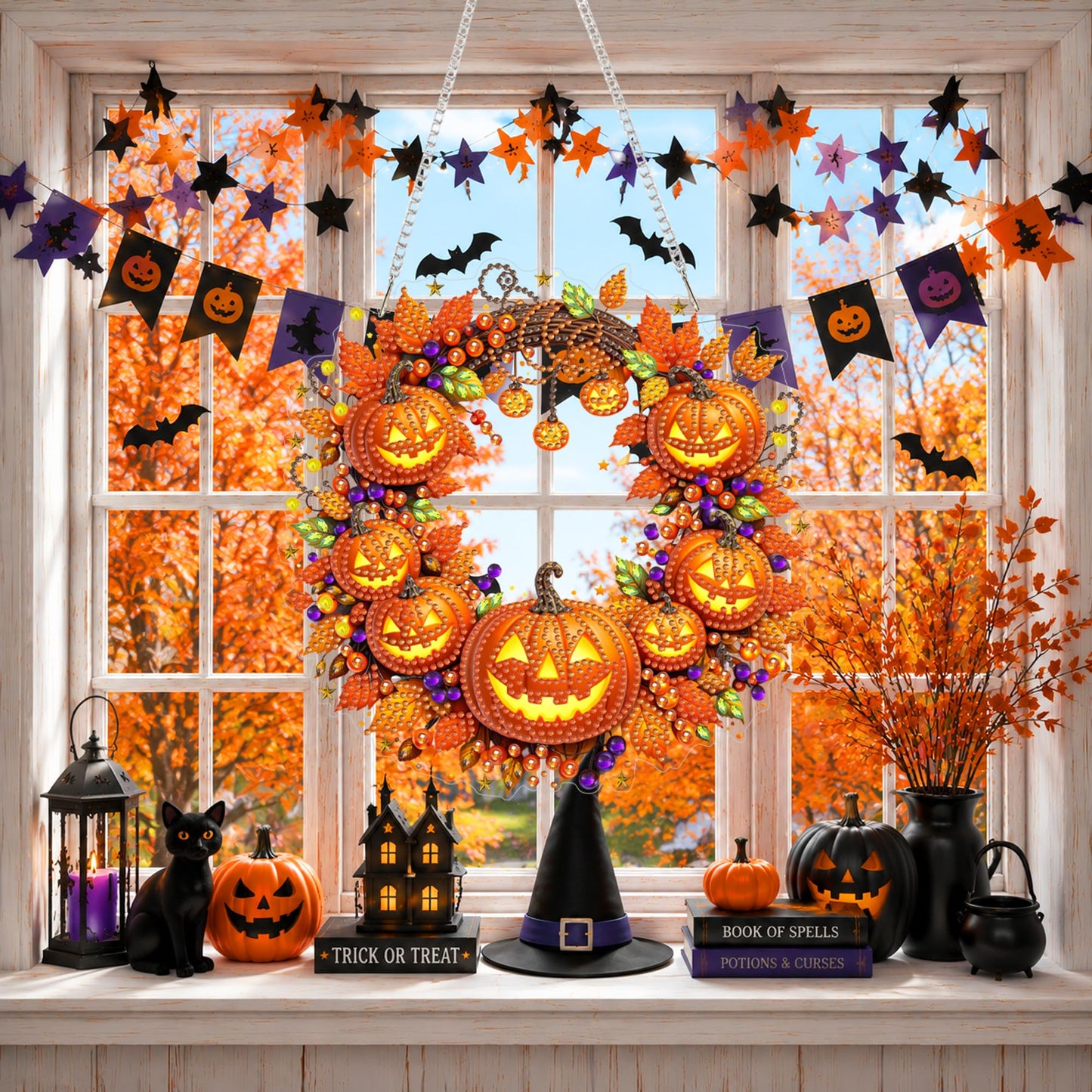 Eiflow Acrylic Diamond Art Hanging Kit for Adults Halloween, DIY Diamonds Painting Door Hanger Board Kit, Special Crystal Diamond Art Painting Pendant Ornament (Pumpkin Wreath)