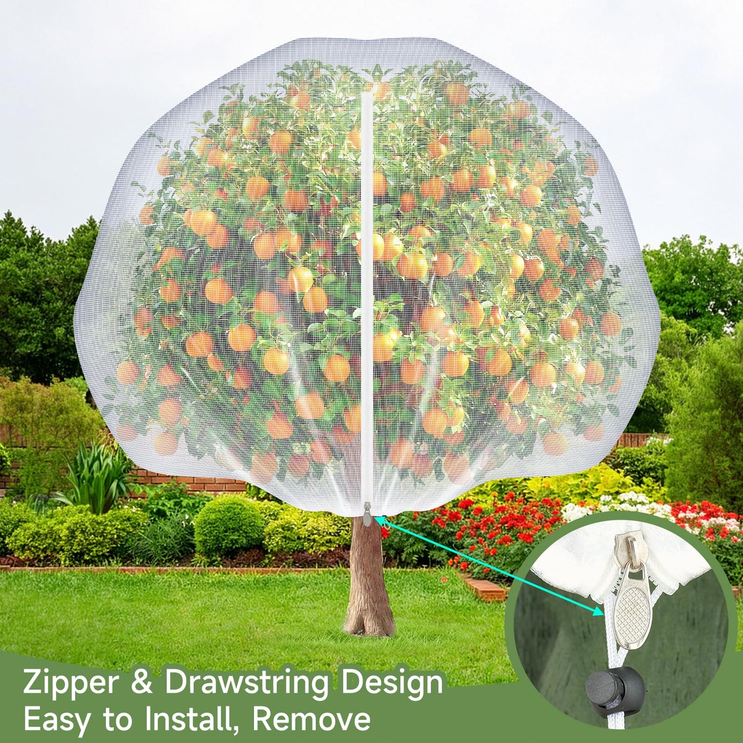 TMFsode 2 Pcs Fruit Tree Netting with Zipper and Drawstring, 8Ft x 8Ft Blueberry Bush Netting, Protective Garden Mesh Cover for Tomatoes, Fruit Tree, Flowers, Vegetables