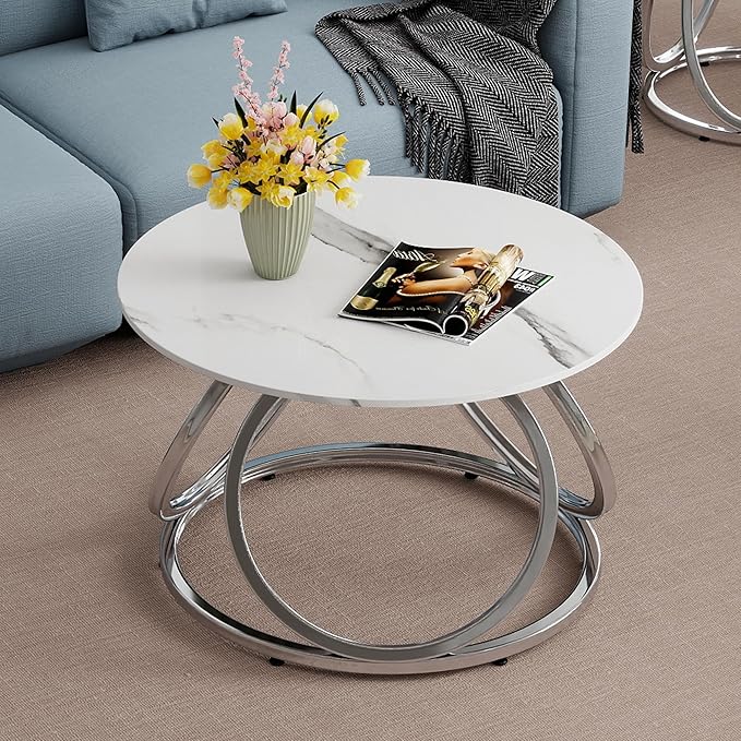 O&K FURNITURE Silver Coffee Table, Round Coffee Table Faux Marble Veins