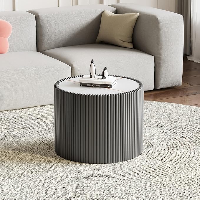SSLine Round Drum Coffee Table Modern Sintered Stone Top Side End Table in Grey
