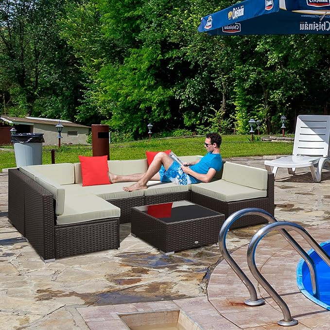 Outsunny 7 Piece Patio Furniture Set, Wicker Outdoor Sectional Sofa Set