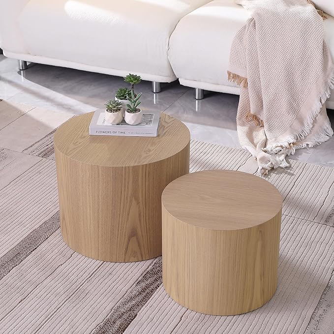 Small Round Coffee Table Nesting End Table Set of 2, Wood Side Circle Accent