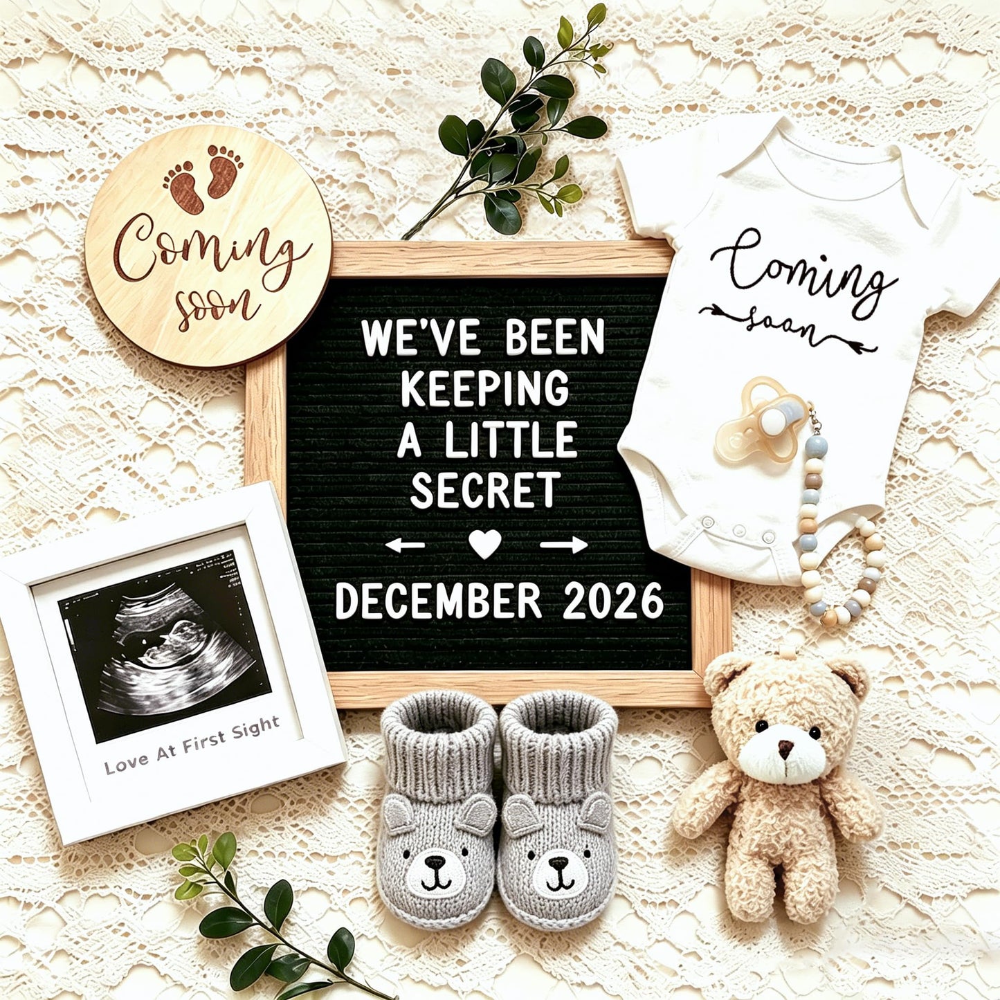 Pregnancy Announcement, Baby Announcement Ideas Set Include Felt Letter Board, Baby Onesie, Booties, Photo Frame, Wooden Sign and Bear Plush, Pregnancy Announcement Photo Props Coming Soon Baby Announcement