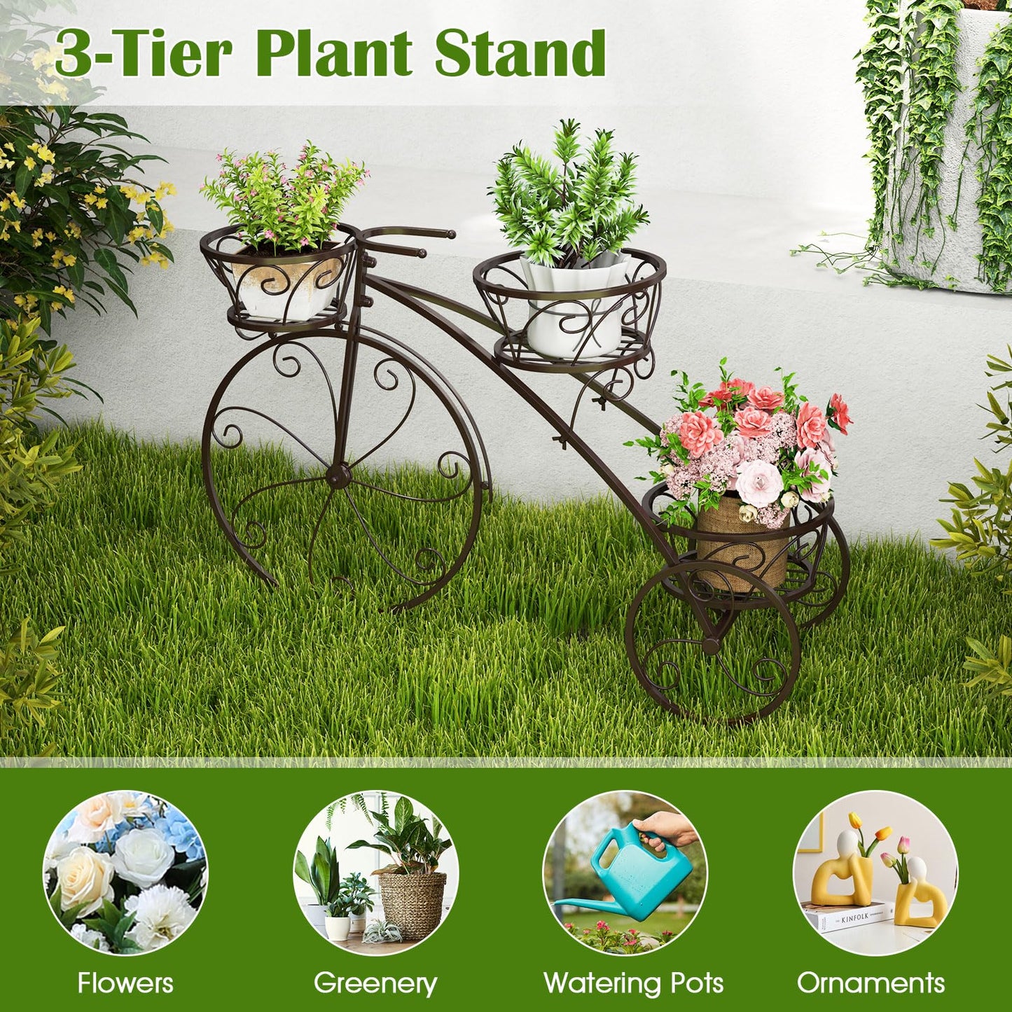 Toolsempire Tricycle Plant Stand, 3-Tier Metal Plant Stand Bicycle Flower Pot Cart with Hollowed Baskets, Planter Potted Holder for Patio, Garden, Deck, Lawn (Bronze)