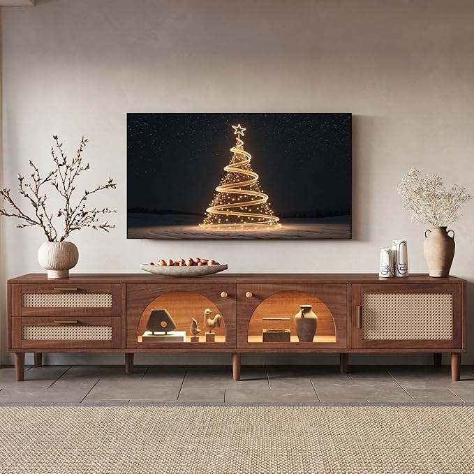 Merax Rattan TV Stand with LED Lights, Solid Wood Feet, Living Room, Bedroom