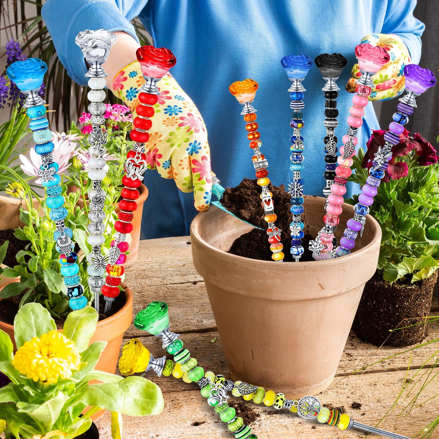 Lineshading 10 Sets Beaded Garden Stakes Kit,Rose Garden Stakes Accessories (Bright Color)