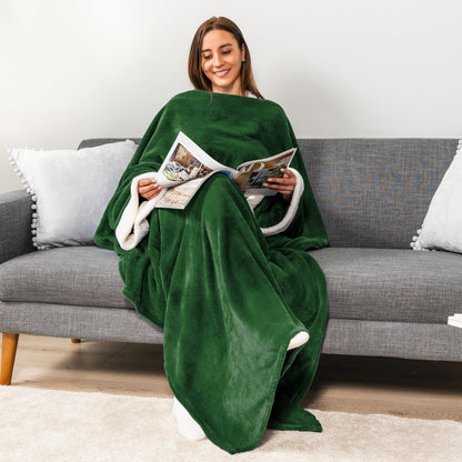 PAVILIA Wearable Blanket with Sleeves & Pocket for Women & Men, Soft Fleece Snuggle Throw with Sherpa Trim, Cozy TV Couch Robe, Gift Ideas for Mom & Wife, Dark Green