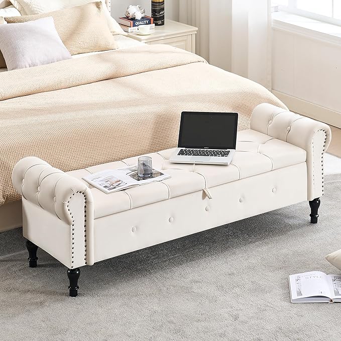 Storage Bench for Bedroom, Velvet 67" End of Bed Bench, King Size Bench