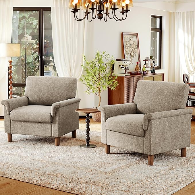 Mid Century Modern Accent Chairs Set of 2, Chenille Comfy Living Room Arm Chairs