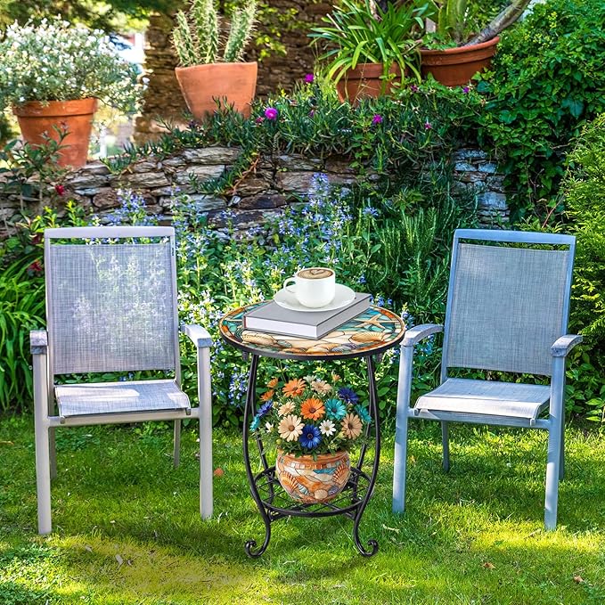 Cinnvoice Outdoor Side Table Round Small Mosaic Patio Accent Indoor End Plant