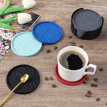 ME.FAN Silicone Coasters with Holder,[6 Pack] Drinking Coasters - Cup Mat for Hot or Cold Drinks, Thickened, Non-Slip, Non-stick,Deep Tray Olive Green
