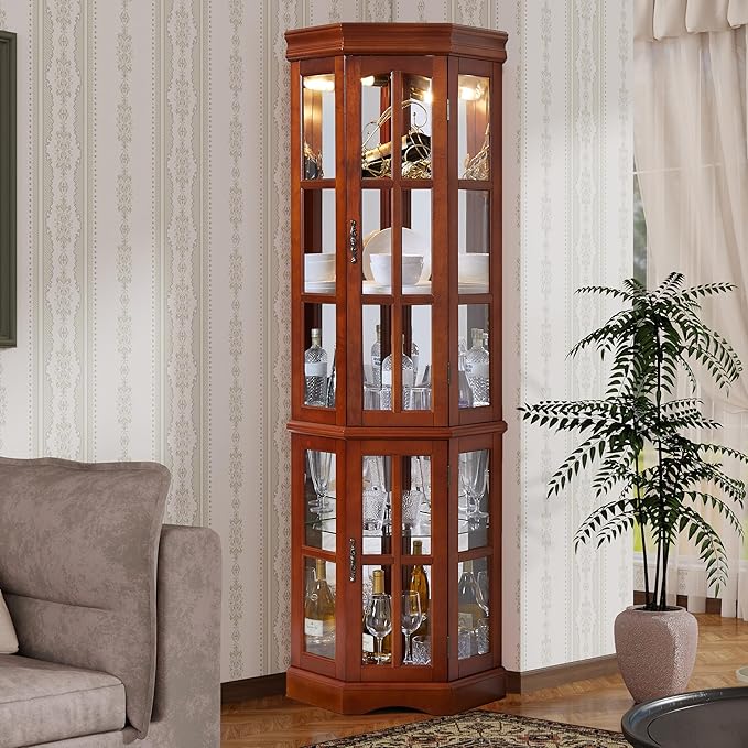 Corner Curio Cabinet with Lighting System, Adjustable Tempered Glass Shelves