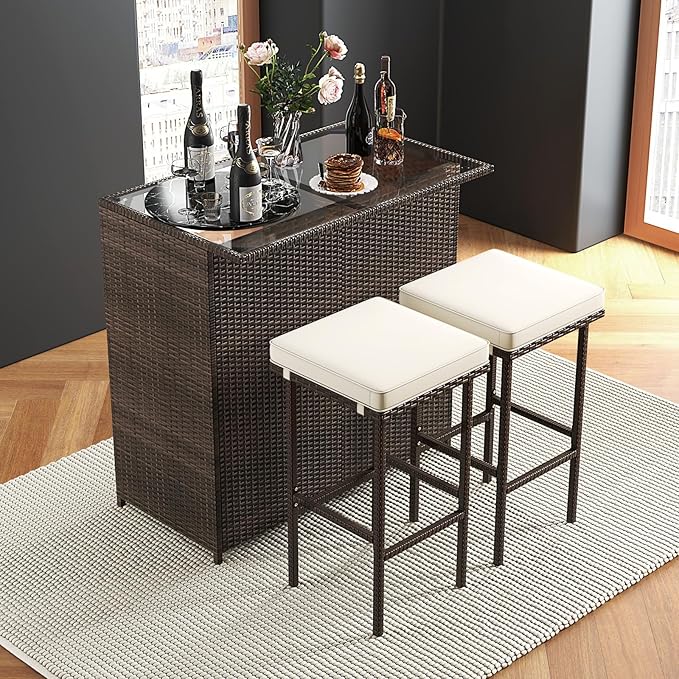 Tangkula Patio Bar Set, 3 Piece Outdoor Rattan Wicker Bar Set