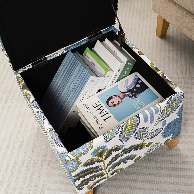 Adeco 18 Inch Linen Storage Ottoman Cube, Upholstered Footstool