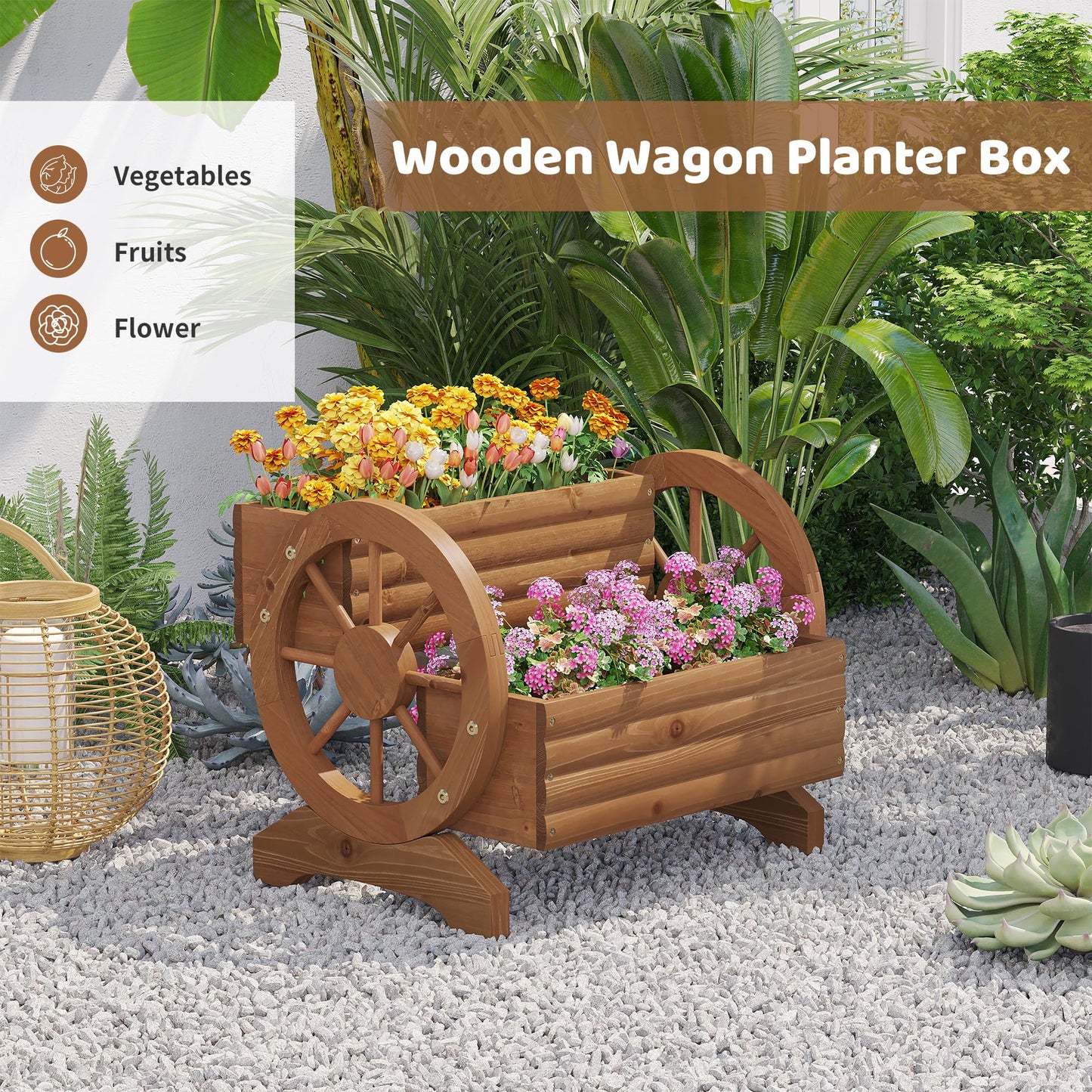 FILWH Wooden Wagon Planters for Outdoor Plants, Flower Cart, Wood Planter Boxes Outdoor, Backyard Decor, Flower Planters Outdoor with Wheels Planter for Flowers Vegetables (Brown)