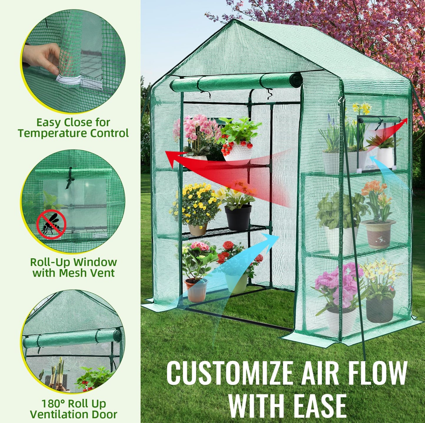 Greengro Greenhouse, 28 x 57 x 76'' Greenhouses for Outdoors, Small Plant Green House with Screen Windows, 3 Tiers 4 Shelves, Durable PE Cover, Plastic Portable Walk in Greenhouses for Outside Indoor