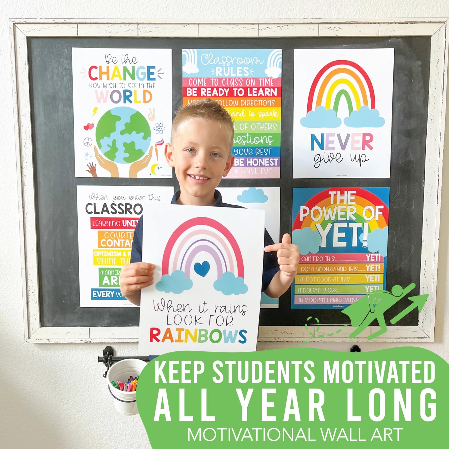 Hadley Designs Motivational Poster for Classroom Decor - 9 Growth Mindset Classroom Posters Elementary, Inspirational Wall Decor Middle School, Teacher Must Haves, Rainbow Bulletin Board Decorations