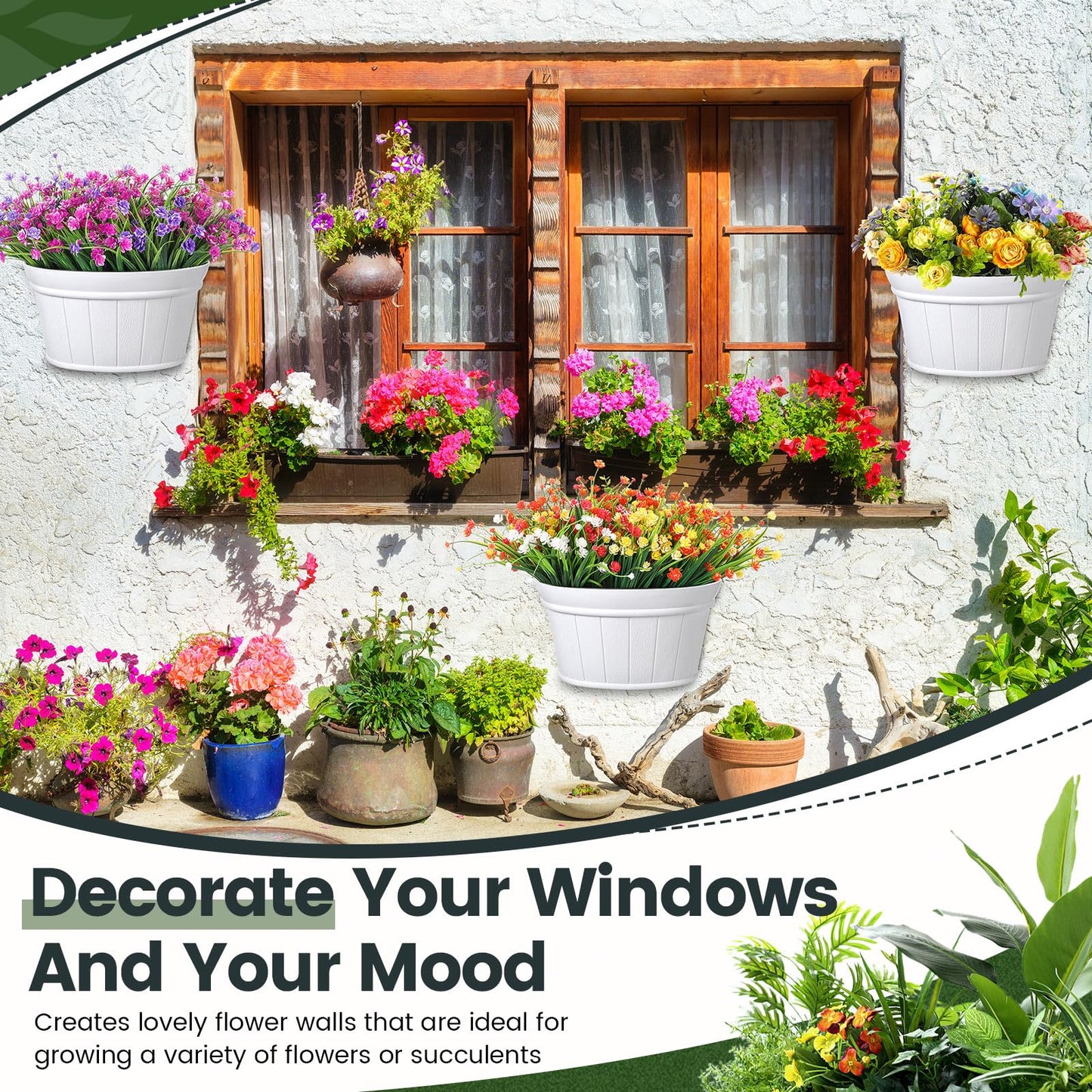 Layhit 6 Pcs Wall Hanging Planters Outdoor Pot Planter Wine Barrel Planter Distressed Oak Thickened Plastic Water Storage Flower Pots for Flower Indoor Outdoor(10 Inches,White)