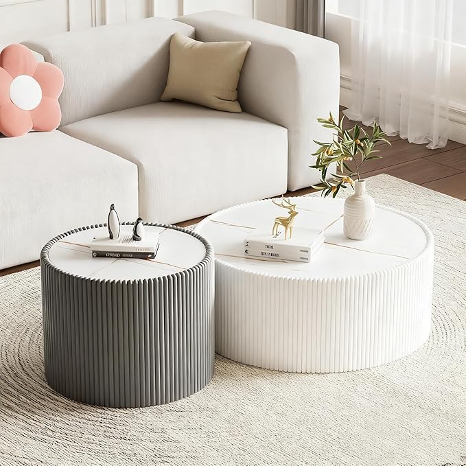 2-Piece Round Nesting Coffee Table Set, 29.52" Marble Coffee Table and End