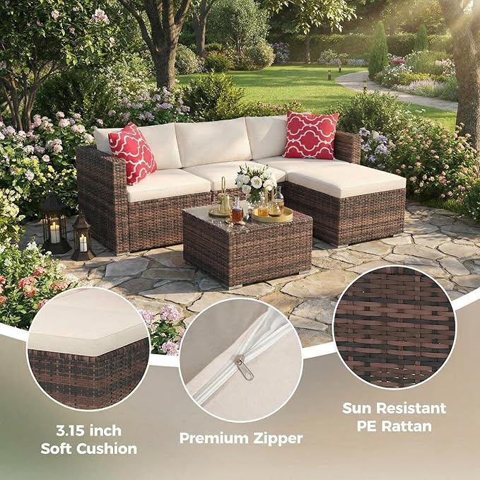 5-Piece L-Shaped Outdoor Patio Furniture Set, PE Wicker Sectional Sofa Set