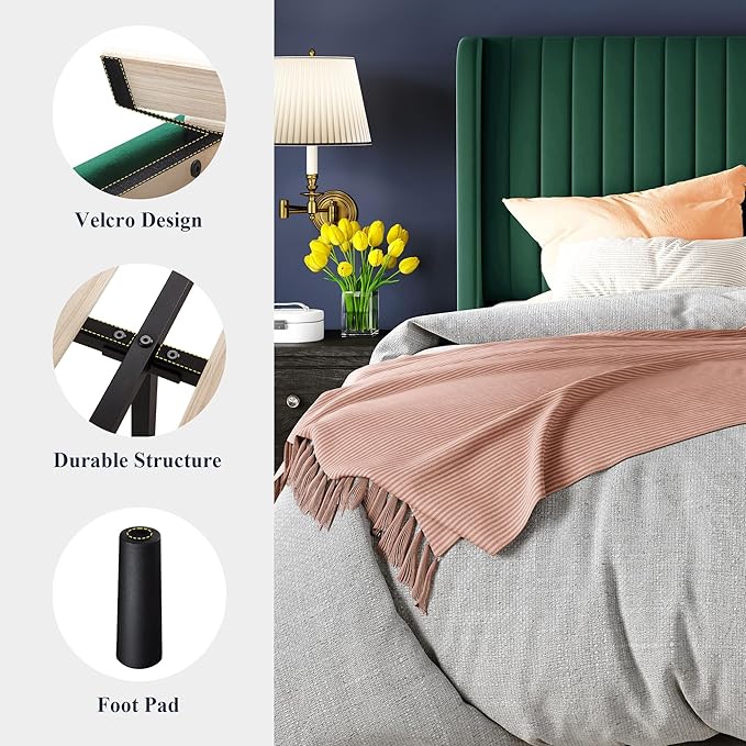 Allewie Queen Size Bed Frame/Velvet Upholstered Platform Bed/Vertical Channel