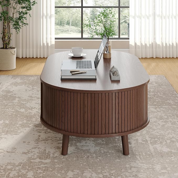 Alohappy 42.5"W Oval Coffee Table, Mid Century Modern Coffee Table with Sliding Tambour Door, Fluted Center Table with Hidden Storage, Curved Profile Dining Table for Living Room, Home Office, Walnut
