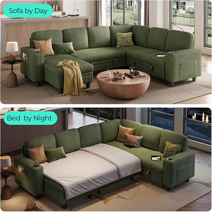 LINSY HOME Sectional Sofa with Pull Out Bed, 6 Seats Corduroy Reversible