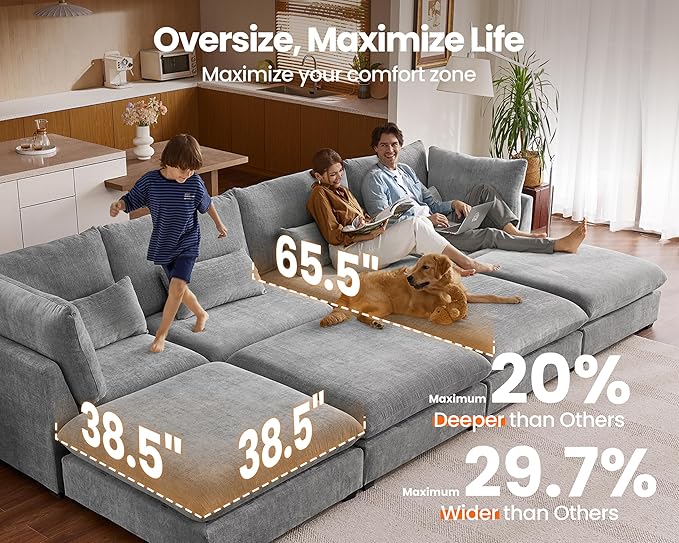 77" Oversized Chenille Couch Modular Sectional Sofa, Washable Cloud Couch