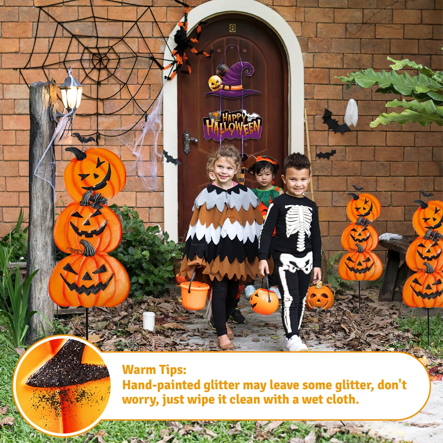 CAMATET Halloween Metal Pumpkin Yard Stakes, Stackable Pumpkin Signs Garden Stake with Witch Door Hanging, Outdoor Halloween Decorations for Lawn Party (Set of 3, Style B)