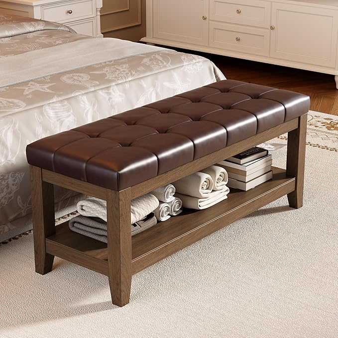 ABHENG Solid Rubber Wood Shoe Bench, Easy-Clean PU Upholstered Seat, 770LB Load
