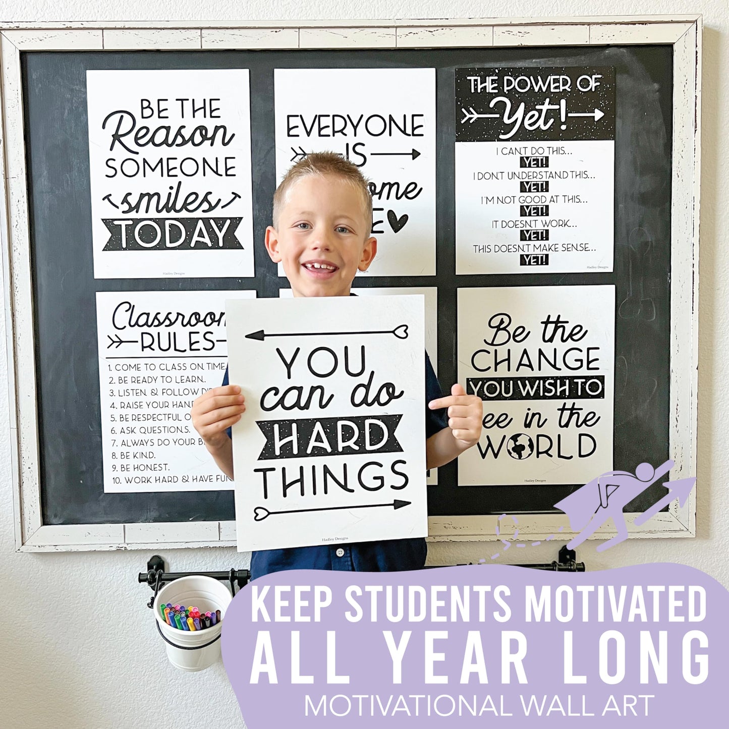 Hadley Designs Motivational Poster for Classroom Decor - 9 Growth Mindset Classroom Posters Elementary, Inspirational Wall Decor Middle School, Teacher Must Haves, Black Bulletin Board Decorations