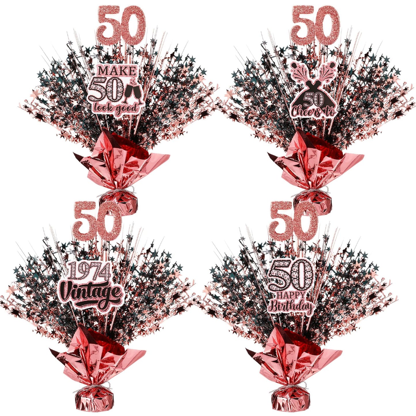 XunYee 4 Set Womans 50th Birthday Table Decorations Black Rose Gold Metallic Star 50th Birthday Decorations for Her Wedding Anniversary Centerpiece
