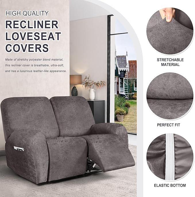 ANARACHON Leather Look Loveseat Recliner Cover, 6-Pieces Stretch Dual Recliner